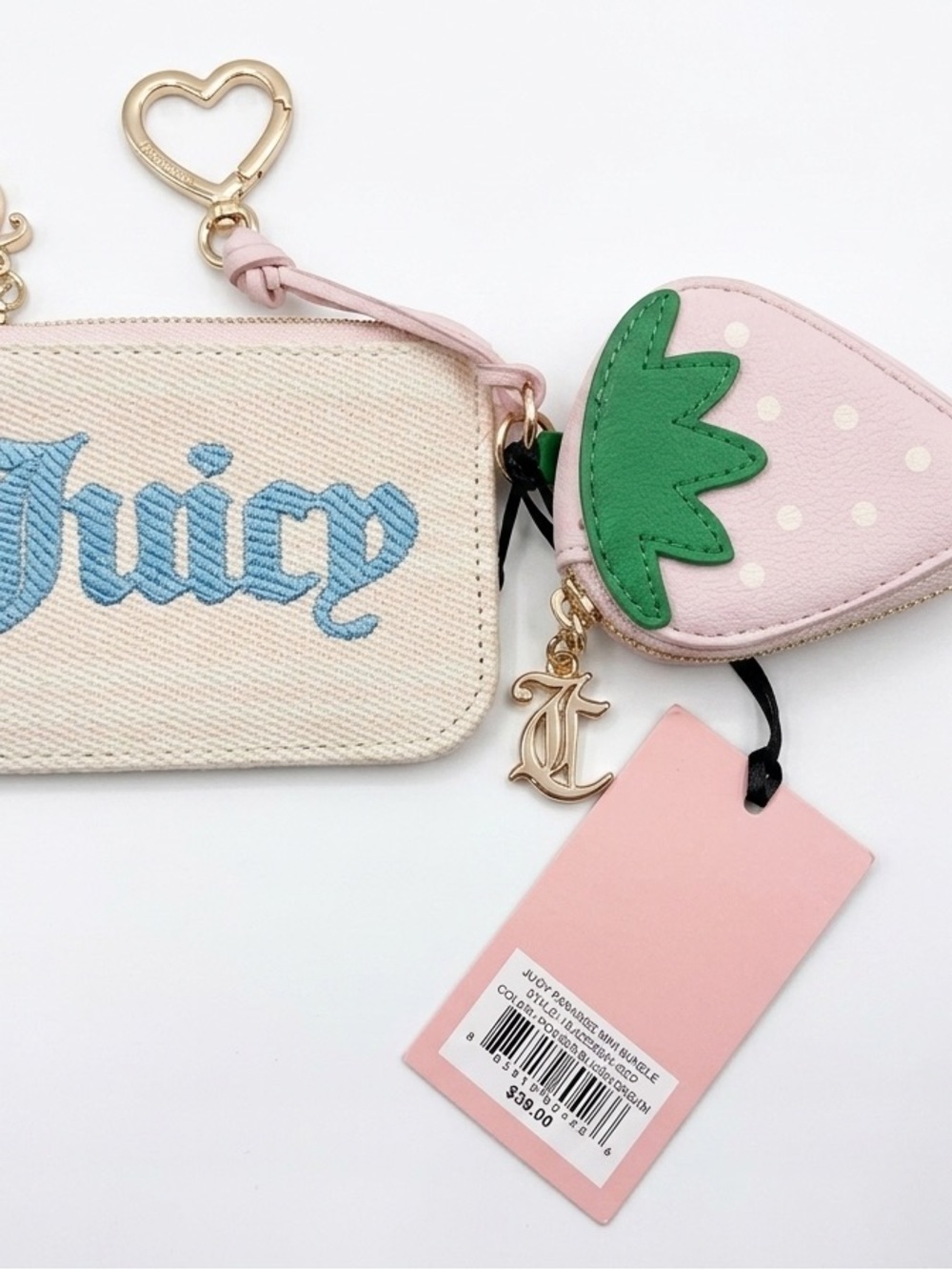 Juicy Couture Pink Strawberry Coin Charm Card Pouch with Blue Logo